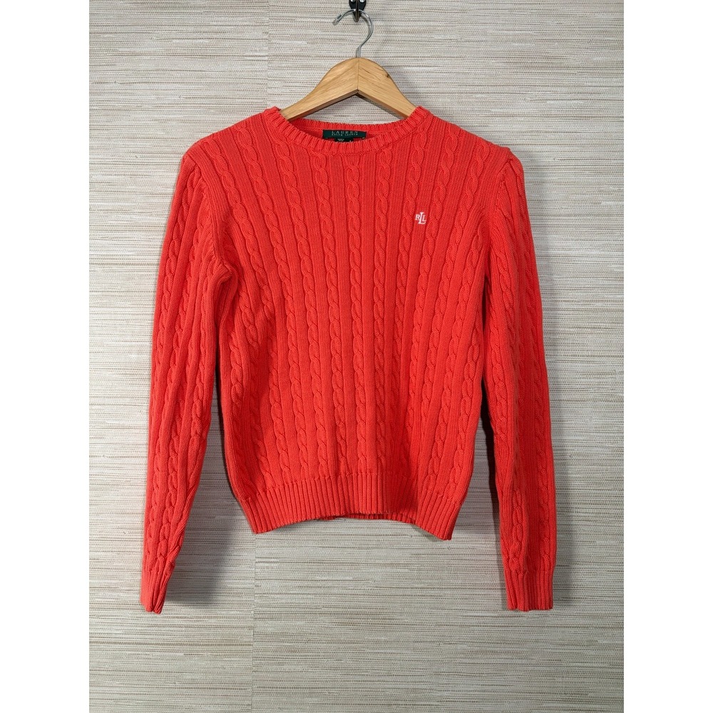 Lauren Ralph Lauren Cable Knit Sweater Women Small Orange Cotton Pullover Logo
